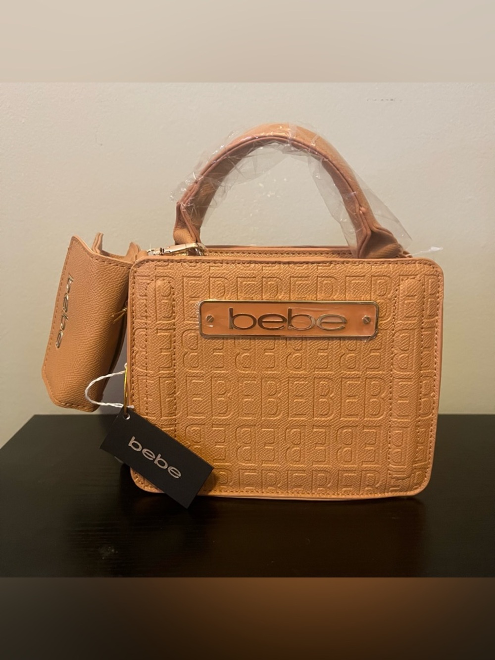 bebe Embossed Logo Tan Top-Handle Satchel